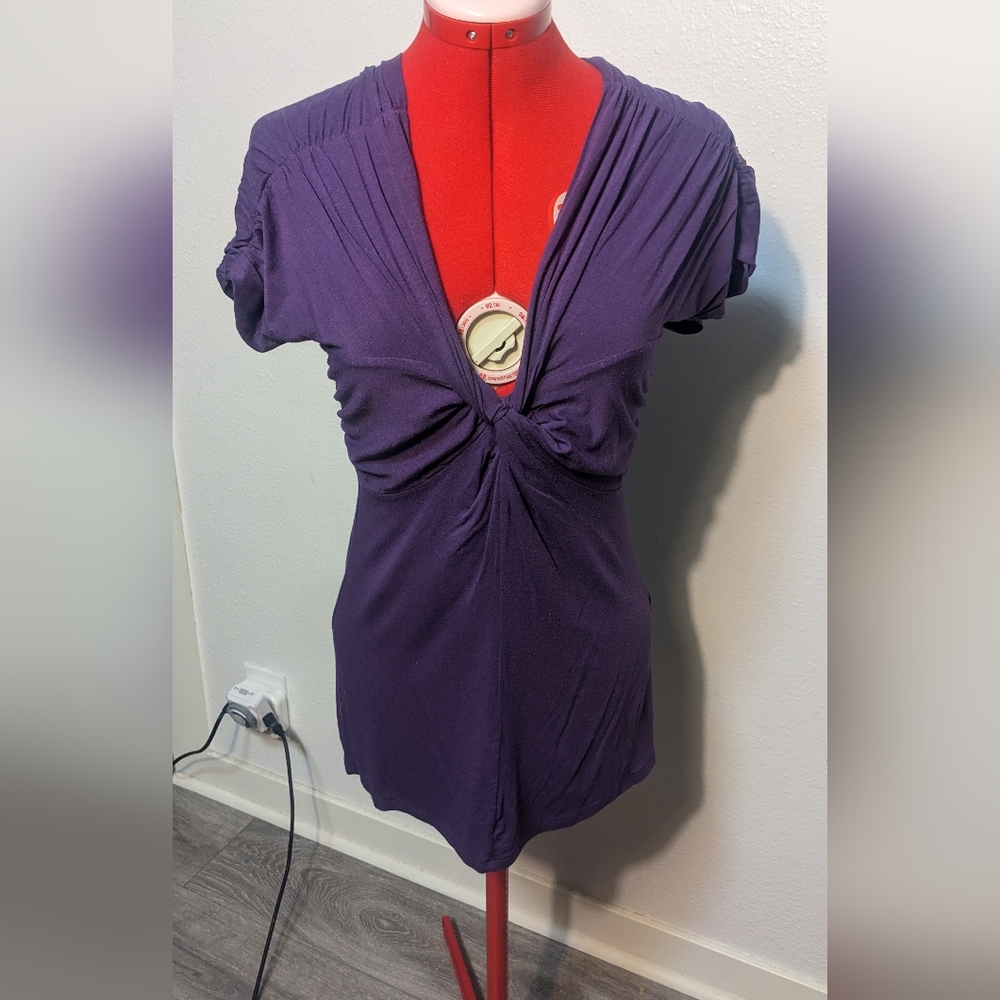 Zara Purple Faux Tie Rouched V Neck Short Sleeve Shirt Women's Large